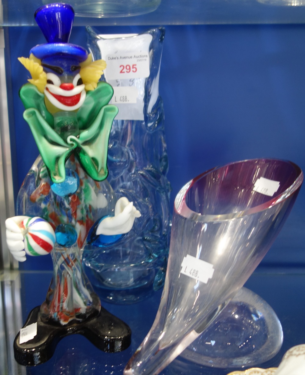 A STUDIO GLASS VASE BY JOHN AIRLIE, Scotland 1974, a stylized glass vase and a Murano clown (3)