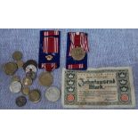 TWO 'GOOD CONDUCT' MEDALS, AND A SMALL QUANTITY OF FOREIGN COINS AND A BANKNOTE