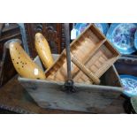 A 19TH CENTURY PINE HOUSEKEEPER'S BOX with an iron handle, a cutlery basket and a pair of wooden