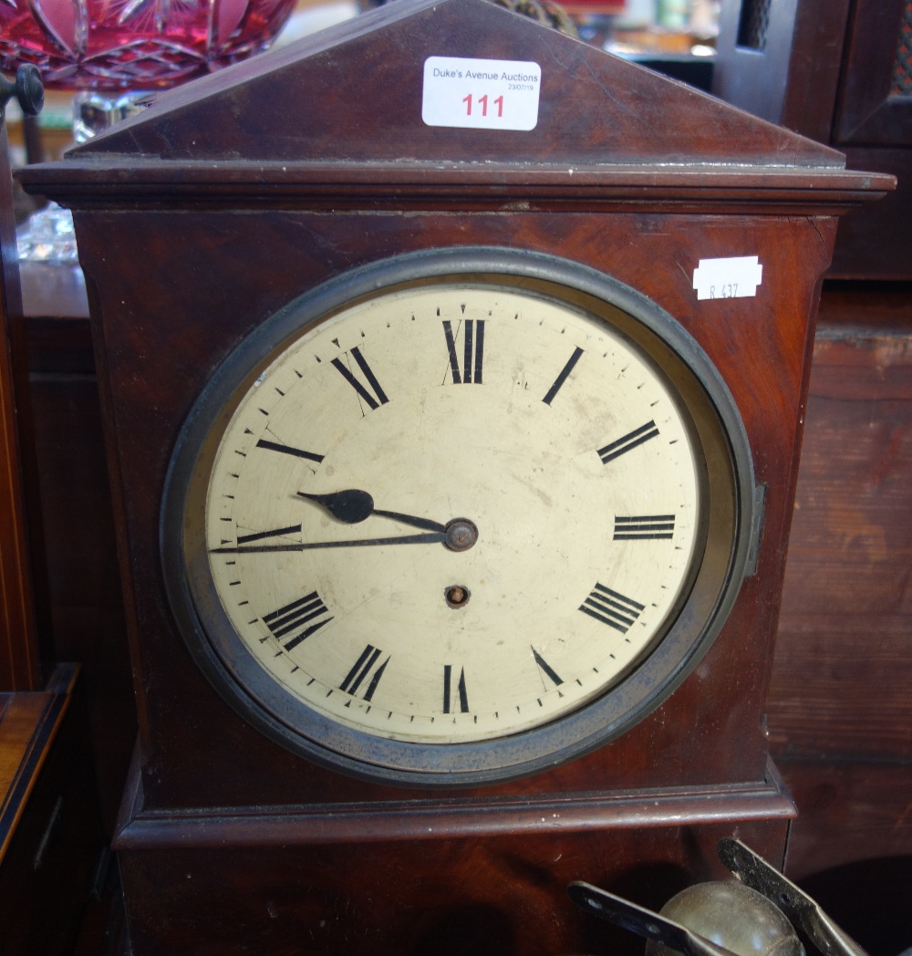 A VICTORIAN MAHOGANY CASED MANTEL CLOCK, 48cm high (examine)