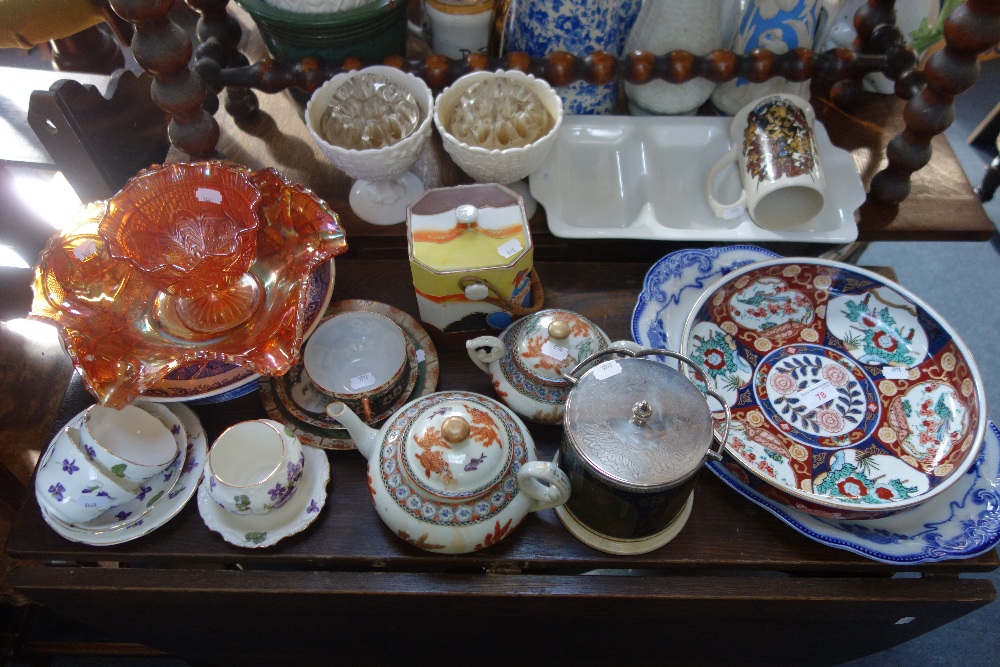 AN IMARI BOWL, a Victorian biscuit barrel with plated lid, ceramics and glassware