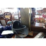 A LARGE EARLY 20TH CENTURY BRASS DINNER GONG on an oak base, 85cm high and a coal scuttle (2)