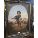 A 19TH CENTURY ITALIAN OIL ON CANVAS PAINTING a boy with a turkey walking along a country lane,