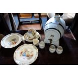 A CONTINENTAL CERAMIC SPIRIT BARREL and three cups and a collection of Bunnykins nursery china