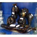 A COLLECTION OF HAND-BLOWN GLASS FRUIT in mottled brown 'tortoiseshell' effect glass, to include a