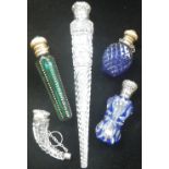 A VICTORIAN GREEN GLASS SCENT BOTTLE WITH GILT MOUNT, AND FOUR OTHERS SIMILAR (5)