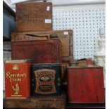 A COLLECTION OF VINTAGE PETROL CANS, wooden crates and tins