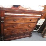 A VICTORIAN FIGURED MAHOGANY CHEST OF DRAWERS 115cm wide, a painted work table and other small