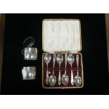 SET OF SIX SILVER TEASPOONS, by Viners, in fitted presentation case, and two Art Deco condiments, by