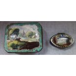 AN ENAMEL ON COPPER PATCH BOX, WITH A COUNTRY SCENE, and a pill box 'In Remembrance of Friendship'