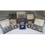 A ROYAL MINT MILLENNIUM SILVER PROOF £5 COIN, OTHER SILVER PROOFS, AND FIVE PROOF SETS