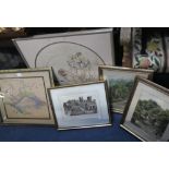 A COLLECTION OF PICTURES AND A NEEDLEWORK PICTURE OF PIERROT