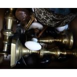 A COLLECTION OF DOOR KNOBS, fittings, brass candlesticks and sundries