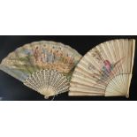 TWO 19TH CENTURY CONTINENTAL HAND PAINTED FANS, one depicting a courting scene (2)