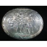 A CONTINENTAL SILVER SNUFF BOX, the hinged cover decorated with a horse and cart scene, 6.5cm dia (