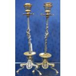 A PAIR OF 19TH CENTURY EMPIRE STYLE GILT BRASS AND METAL CANDLESTICKS, 31.5cm high