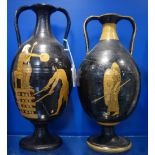 A PAIR OF GRECIAN STYLE VASES each decorated with scenes from Wagner, 30cm high