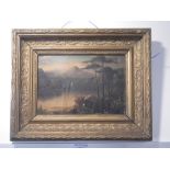 A VICTORIAN OIL ON CANVAS PAINTING OF LAKE SCENE in gilt frame