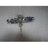 A LARGE SILVER ENAMEL RUBY MARCASITE WINGED INSECT BROOCH, 8cm x 6cm