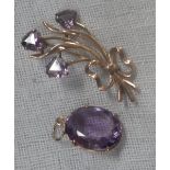 AN AMETHYST SPRAY BROOCH, stamped "375", together with an amethyst pendant with unmarked loop