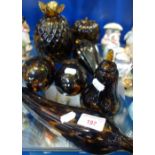 A COLLECTION OF HAND-BLOWN GLASS FRUIT in mottled brown 'tortoiseshell' effect glass, to include a