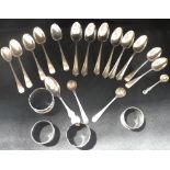 A COLLECTION OF SILVER SPOONS AND NAPKIN RINGS, approx 12oz