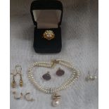 A PAIR OF LALIQUE RED FLOWER EARRINGS AND OTHER JEWELLERY, to include a seed pearl bracelet