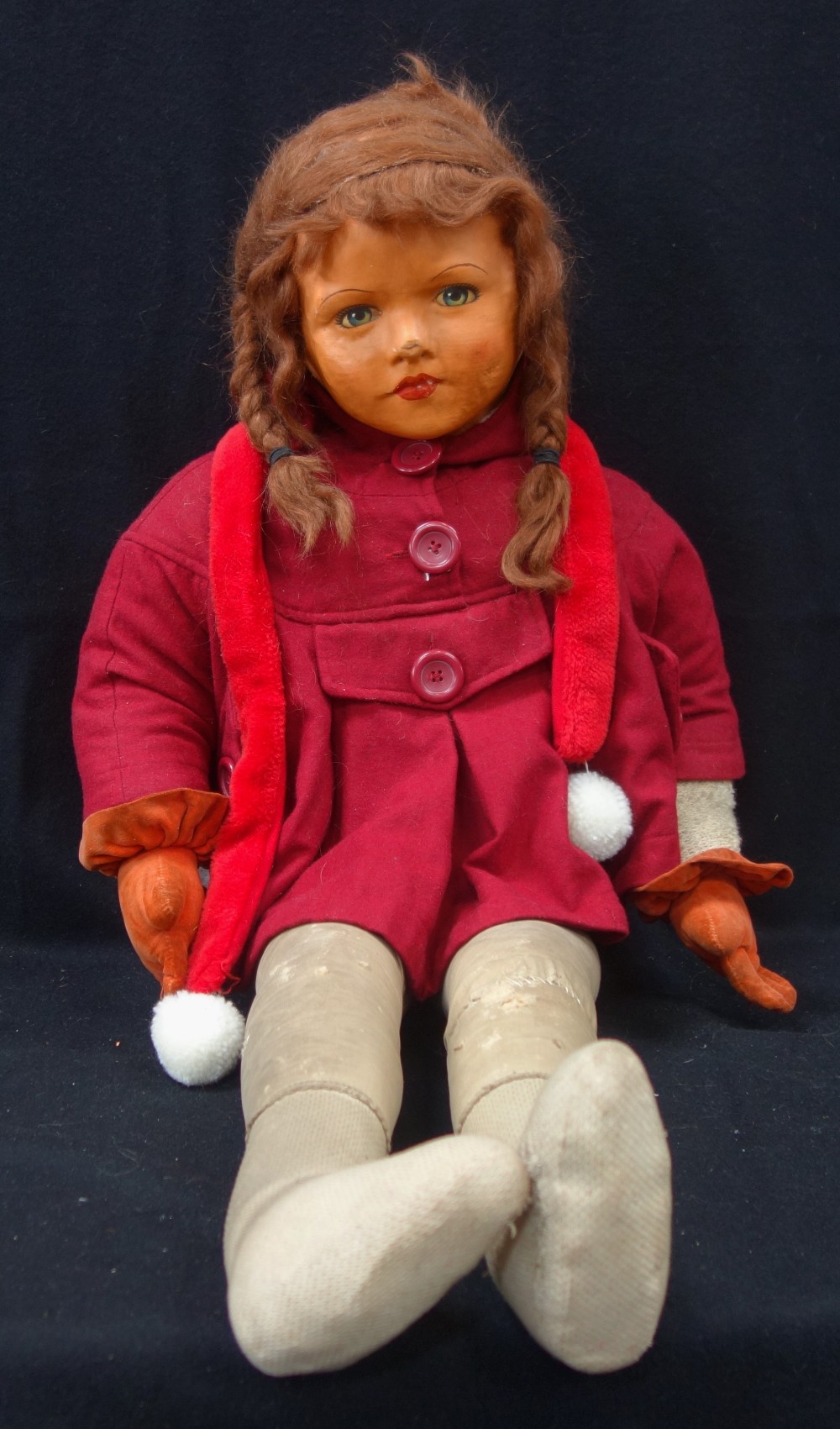 A LARGE 1930S COMPOSITE DOLL with a painted face, in the style of 'Mary Pickford' with velvet gloved