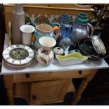 A VICTORIAN STRIPPED PINE WASHSTAND with white marble top and tiled splash back, 75.5cm wide