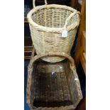 A RECTANGULAR WICKER LOG CARRYING BASKET and another log basket