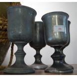 THREE LARGE PEWTER GOBLETS, 22cm high and another smaller example