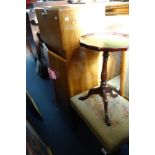 A VINTAGE WALNUT COCKTAIL CABINET, 57cm wide, a wine table, a mirror, a print and a stool