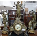 A 19TH CENTURY FRENCH CLOCK GARNITURE mounted with spelter figure of Diana the Huntress, flanked