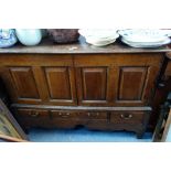 A GEORGE II STYLE OAK CONVERTED MULE CHEST, rectangular top above two panelled cupboards, fitted