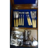 A COLLECTION OF SILVER PLATE to include a walnut box of fish knives and forks