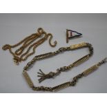 AN UNMARKED YELLOW METAL FOB CHAIN, one other chain necklace stamped "18K" and an enamel and 9ct
