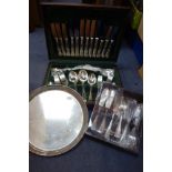 A CANTEEN OF SILVER PLATED KING'S PATTERN CUTLERY, similar cutlery and a tray