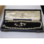 A CULTURED PEARL NECKLACE, the 9ct gold clasp set with seed pearls and turquoise, 45cm long