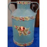 A METAL MILK CHURN with two handles painted in blue with barge style decoration, 48cm high