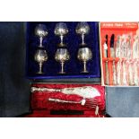 A BOXED SET OF SILVER PLATED FISH SERVERS and similar plated wares