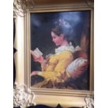 A GERMAN CERAMIC PLAQUE, depicting a girl reading, 30cm high, within a gilt frame stamped 'RPM'
