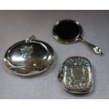 A SILVER VESTA CASE, a silver snuff box and a miniature silver hand mirror (3)