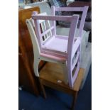 A CHILD'S ASH DESK with lift-up lid and two painted child's chairs