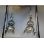 A PAIR OF CHANDELIER CULTURED PEARL AND DIAMOND EARRINGS, with fishhook fasteners