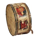 A LARGE 20TH CENTURY WOODEN CASED DRUM, polychrome painted "YOUNG PEOPLES BAND, BLOOD AND FIRE,