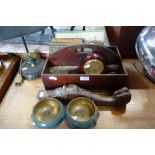 A 19TH CENTURY MAHOGANY CUTLERY BOX with carry handle and sundries