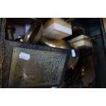 A PAIR OF ART DECO STYLE STONE AND BRASS LAMP BASES and a collection of brassware
