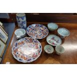 A CHINESE BLUE AND WHITE VASE (cut down) and other Chinese and Japanese Export ceramics
