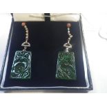 A PAIR OF GOLD AND SILVER DROP EARRINGS, set with rectangular patterned jadeite, diamonds and coral