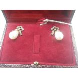 A PAIR OF CULTURED PEARL AND DIAMOND EARRINGS, with butterfly clips